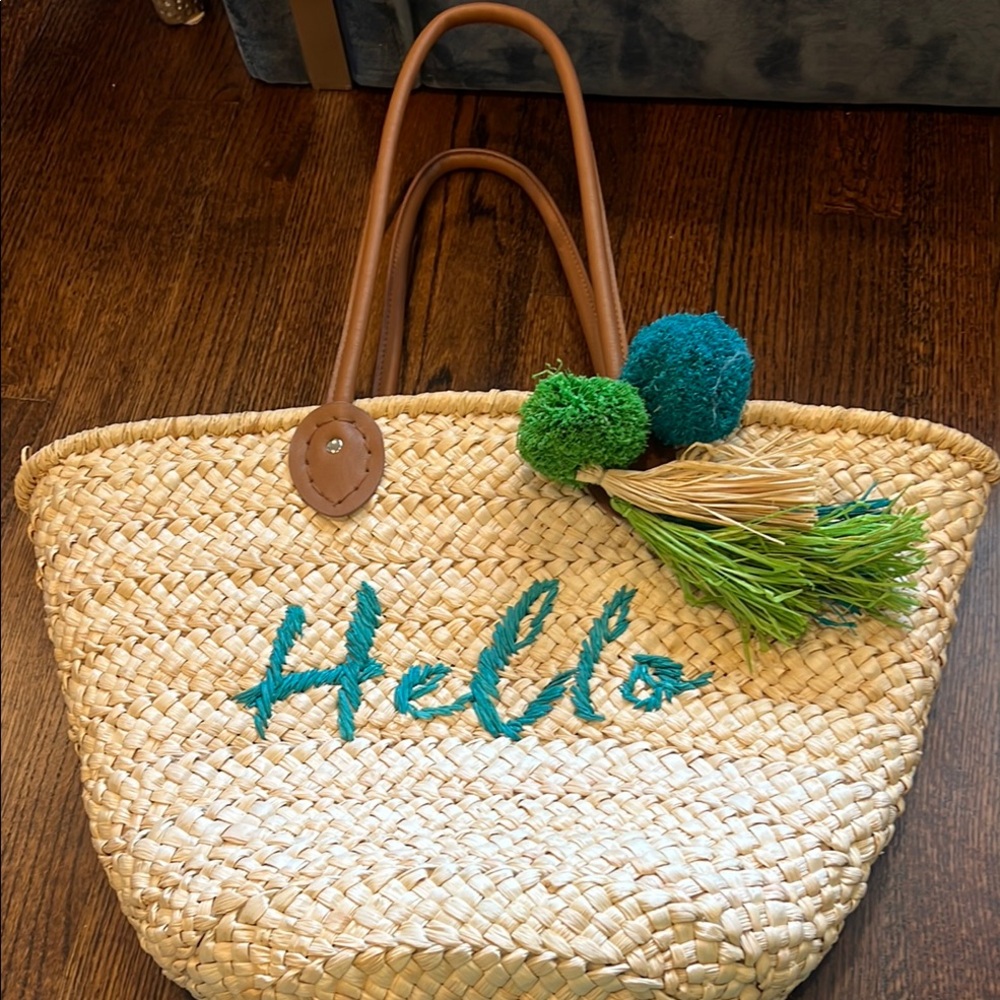 Straw Tote Bag with Blue and Green Accents